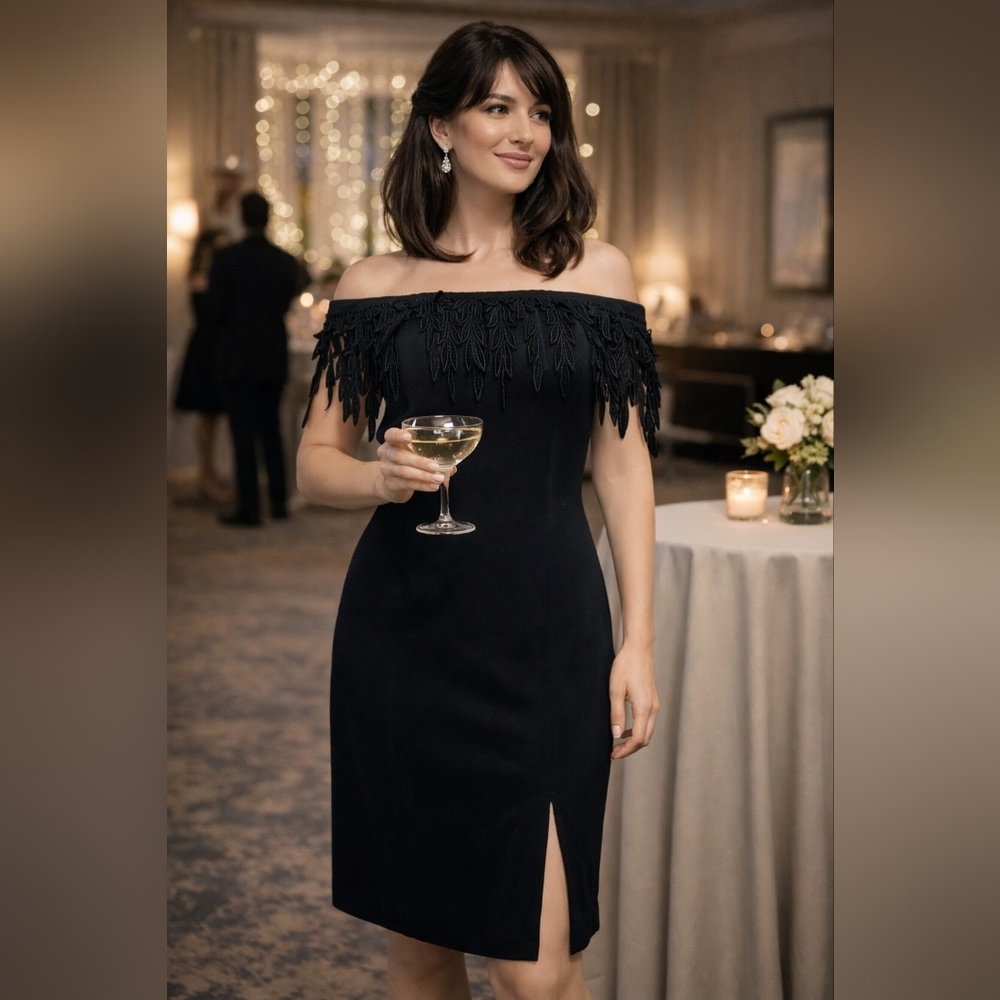 BB COLLECTIONS 90s Little Black Dress Off the Shoulders Lace Applique Fringe 6 S